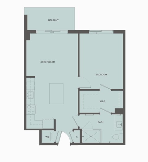 Floor plan for 1 bed, 1 bath, 722 sqft